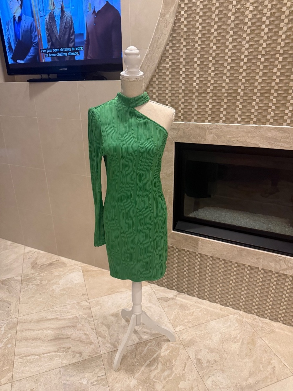 Green one shoulder mini dress